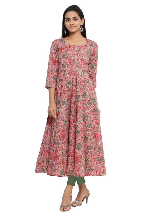 Women's  Floral Print Pure Cotton Anarkali Kurta  (Pink) - Noz2Toz