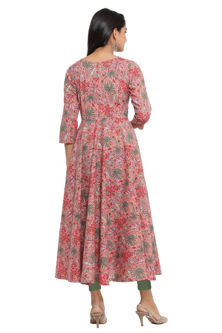 Women's Floral Print Pure Cotton Anarkali Kurta (Pink) - Noz2Toz - Indiakreations