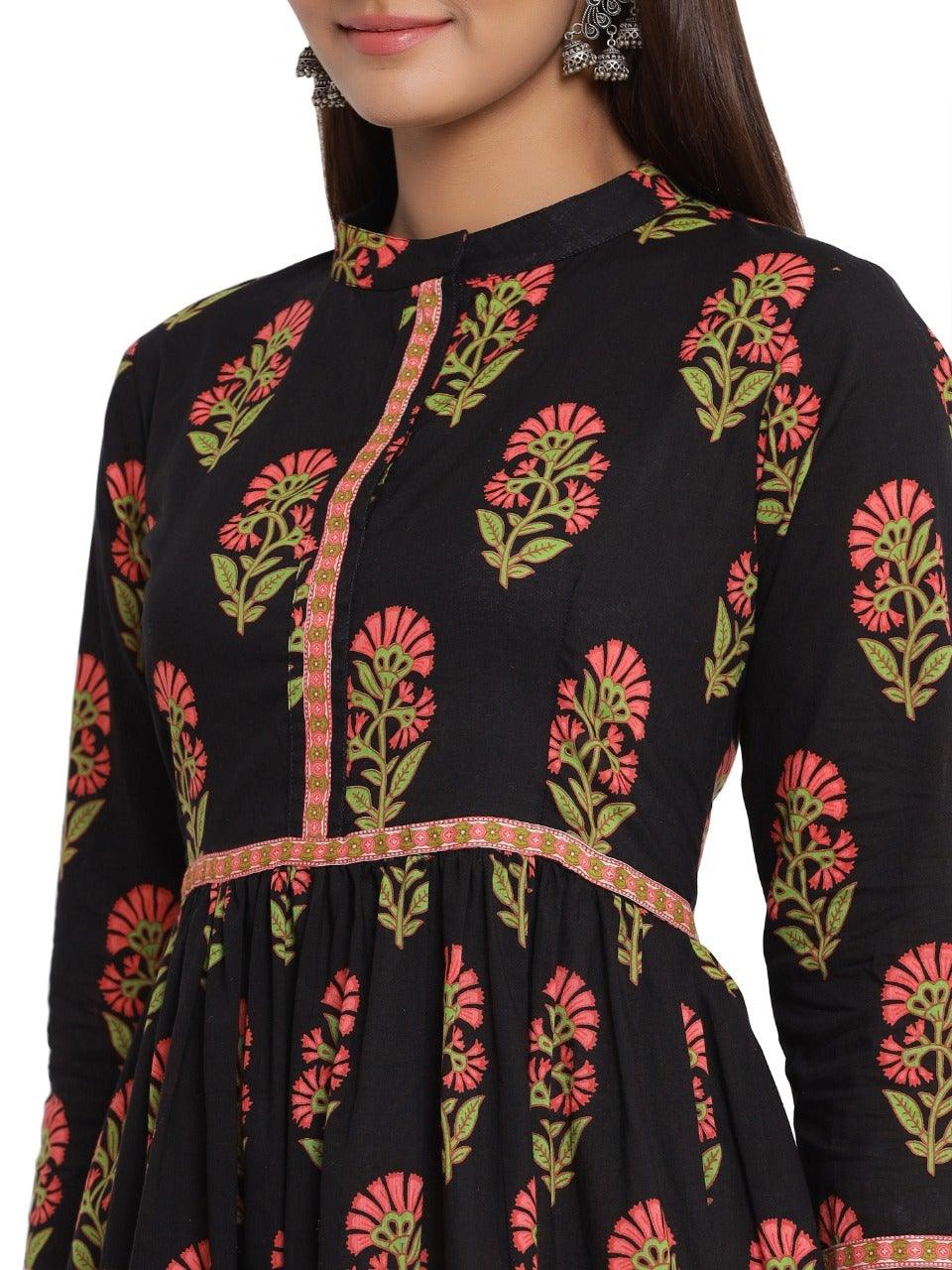 Women's Floral Print Pure Cotton A-Line Kurta (Black) - Noz2Toz - Indiakreations