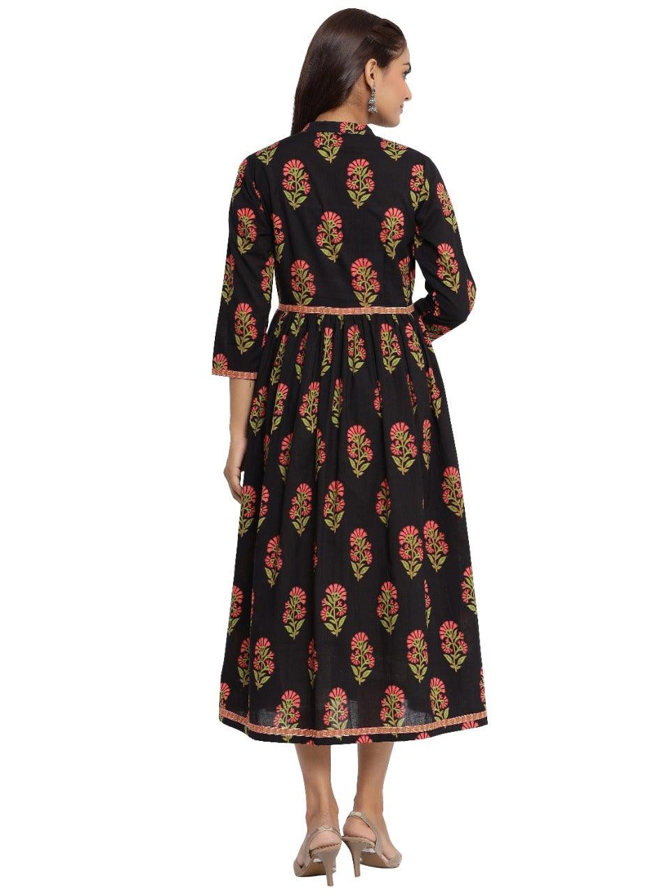 Women's Floral Print Pure Cotton A-Line Kurta (Black) - Noz2Toz - Indiakreations