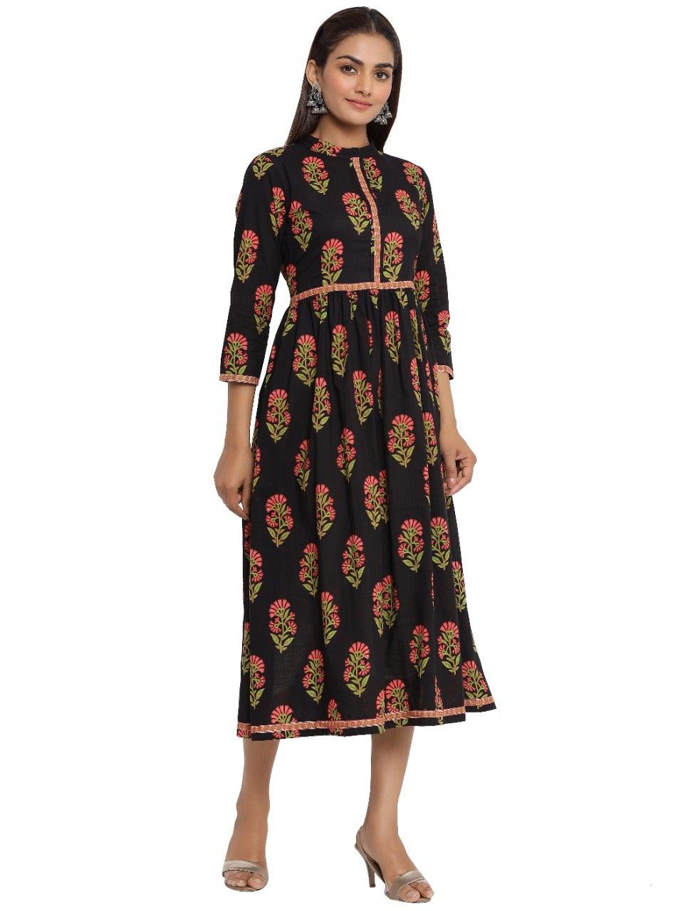 Women's Floral Print Pure Cotton A-Line Kurta (Black) - Noz2Toz - Indiakreations