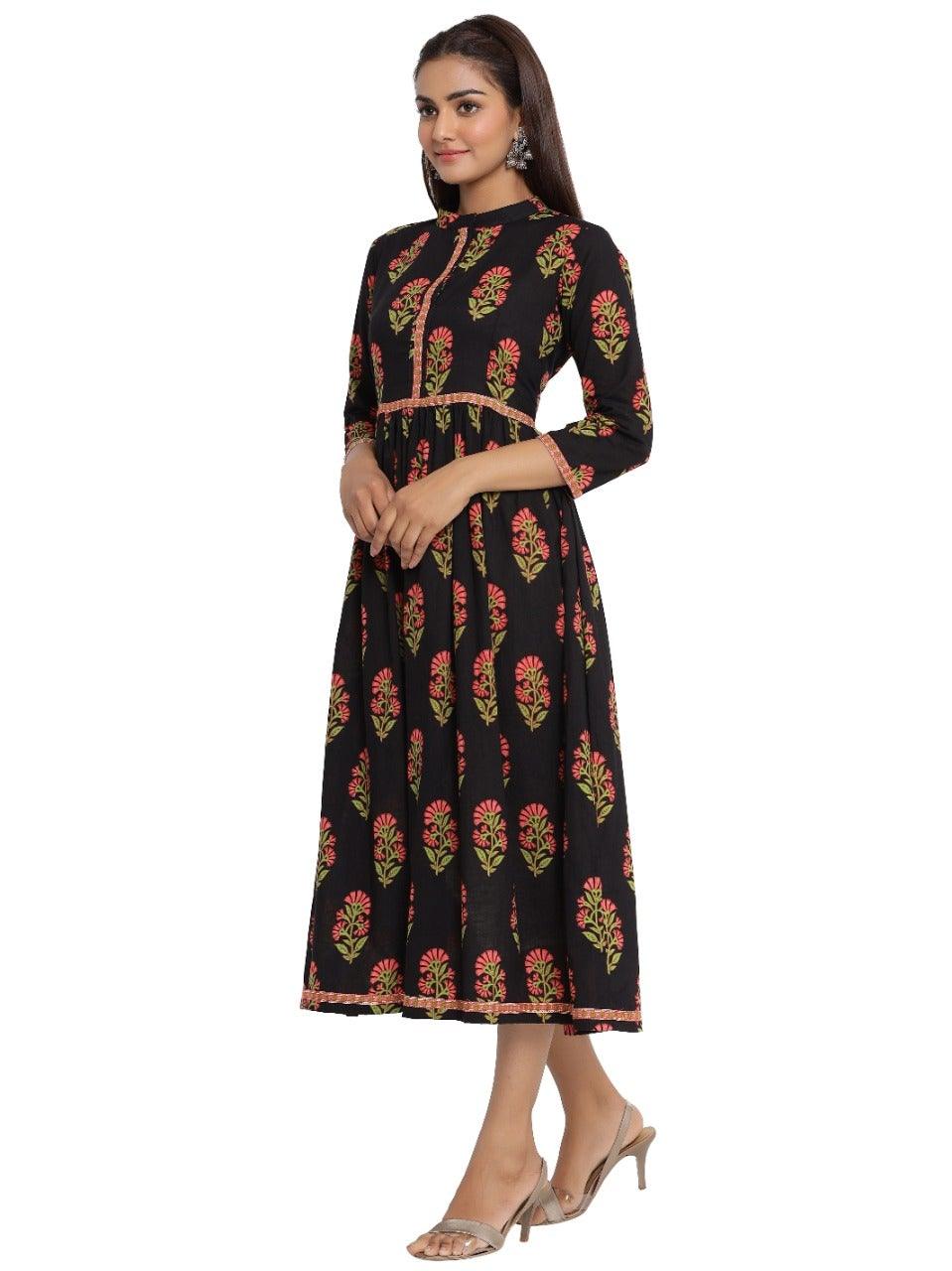 Women's Floral Print Pure Cotton A-Line Kurta (Black) - Noz2Toz - Indiakreations