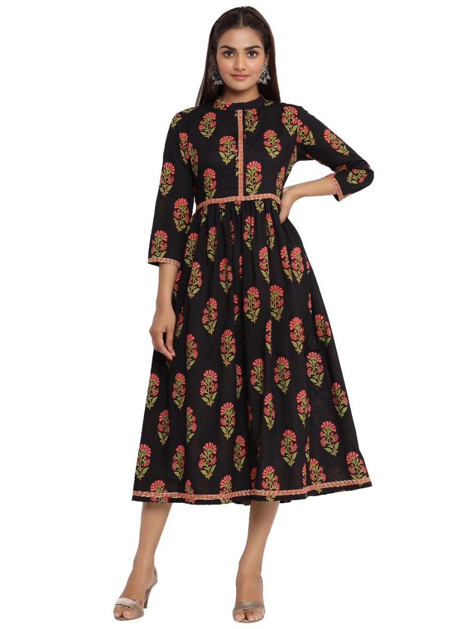 Women's Floral Print Pure Cotton A-Line Kurta (Black) - Noz2Toz - Indiakreations