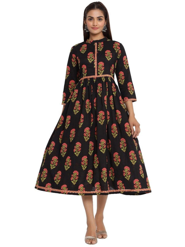 Women's Floral Print Pure Cotton A-Line Kurta (Black) - Noz2Toz - Indiakreations