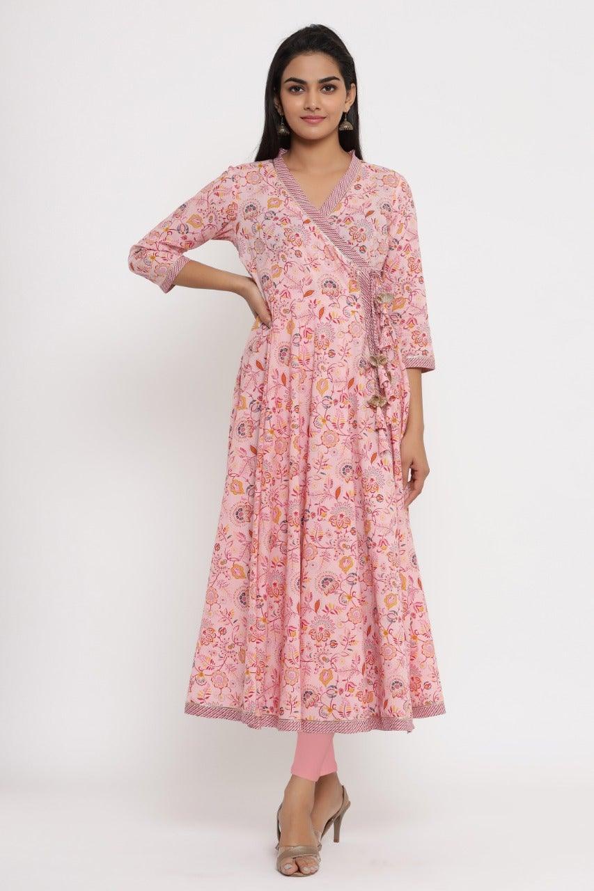 Women's Floral Print Pure Cotton Ethnic Dress (Pink) - Noz2Toz - Indiakreations