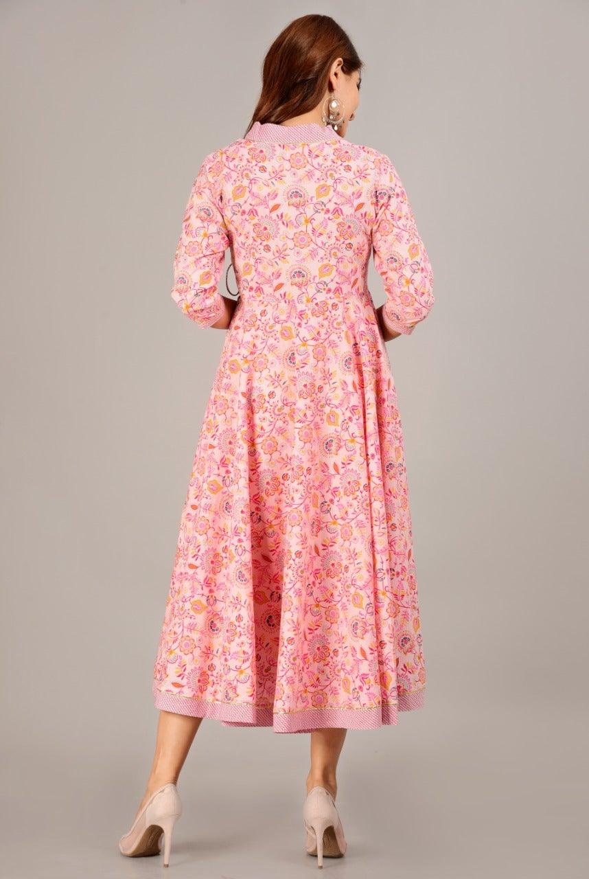 Women's Floral Print Pure Cotton Ethnic Dress (Pink) - Noz2Toz - Indiakreations