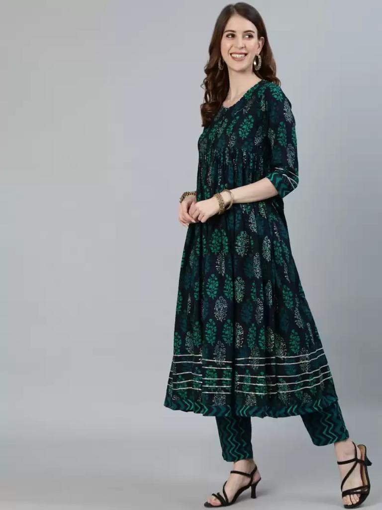 Women's Floral Print Anarkali Kurta Set with Dupatta 3pc - Ishin - Indiakreations