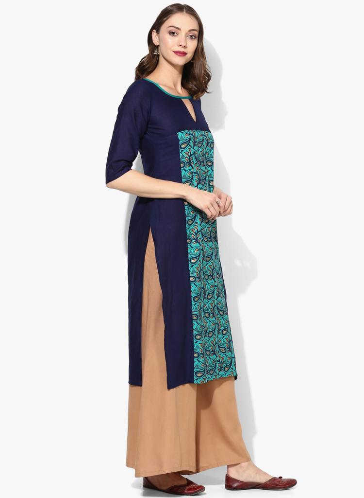 Women's Blue Ethnic Motifs Printed Straight Kurta - Wahe-Noor - Indiakreations