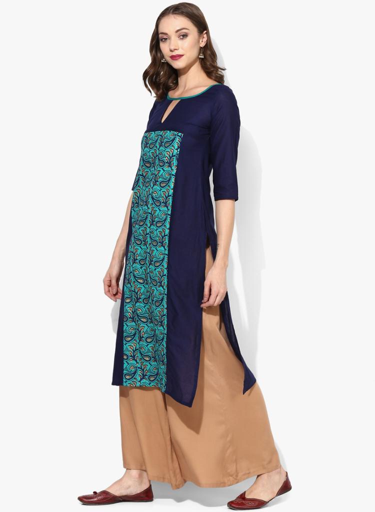 Women's Blue Ethnic Motifs Printed Straight Kurta - Wahe-Noor - Indiakreations