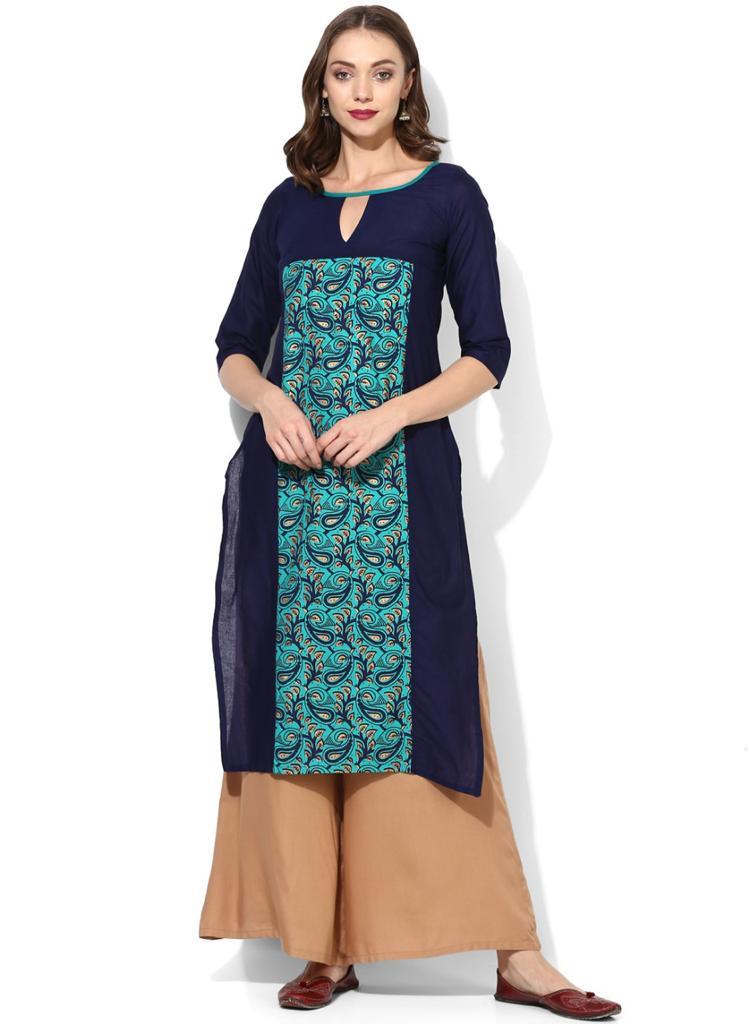 Women's Blue Ethnic Motifs Printed Straight Kurta - Wahe-Noor - Indiakreations