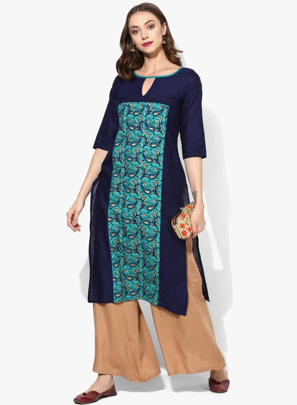 Women's Blue Ethnic Motifs Printed Straight Kurta - Wahe-Noor - Indiakreations