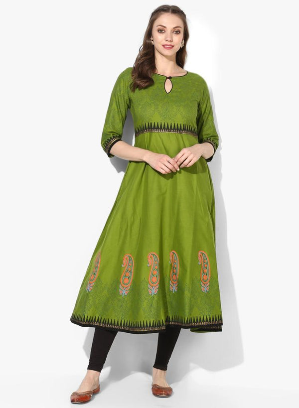 Women's Green Ethnic Motifs Printed Cotton Anarkali Kurta - Wahe-Noor - Indiakreations