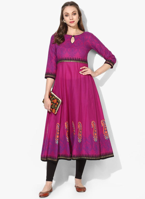 Women's Purple Ethnic Motifs Printed Cotton Anarkali Kurta - Wahe-Noor - Indiakreations