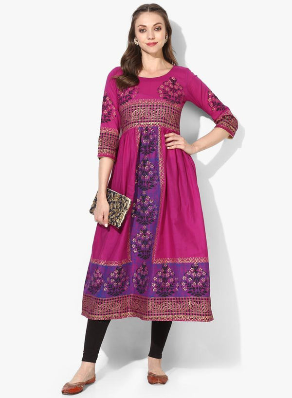 Women's Purple Ethnic Motifs Printed Cotton Anarkali Kurta - Wahe-Noor - Indiakreations