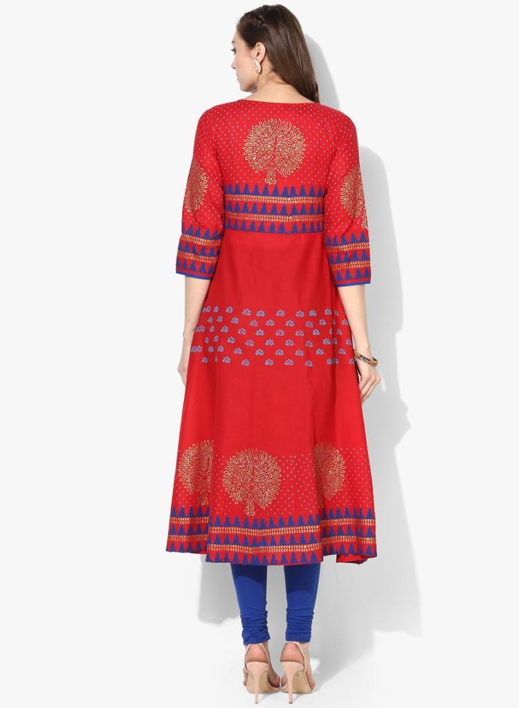 Women's Red Ethnic Motifs Printed Block Print Cotton Anarkali Kurta - Wahe-Noor - Indiakreations