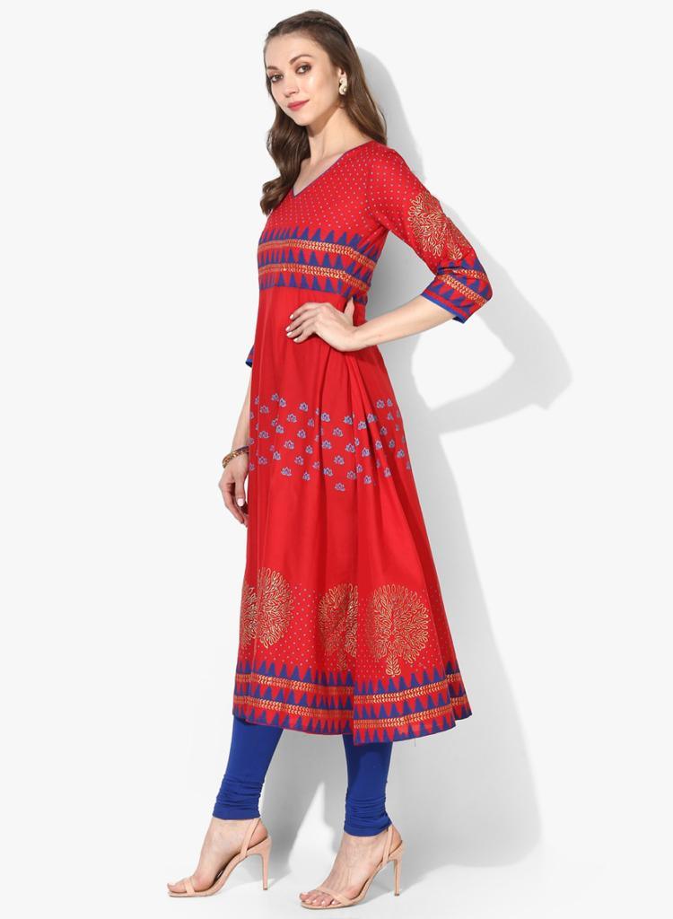 Women's Red Ethnic Motifs Printed Block Print Cotton Anarkali Kurta - Wahe-Noor - Indiakreations