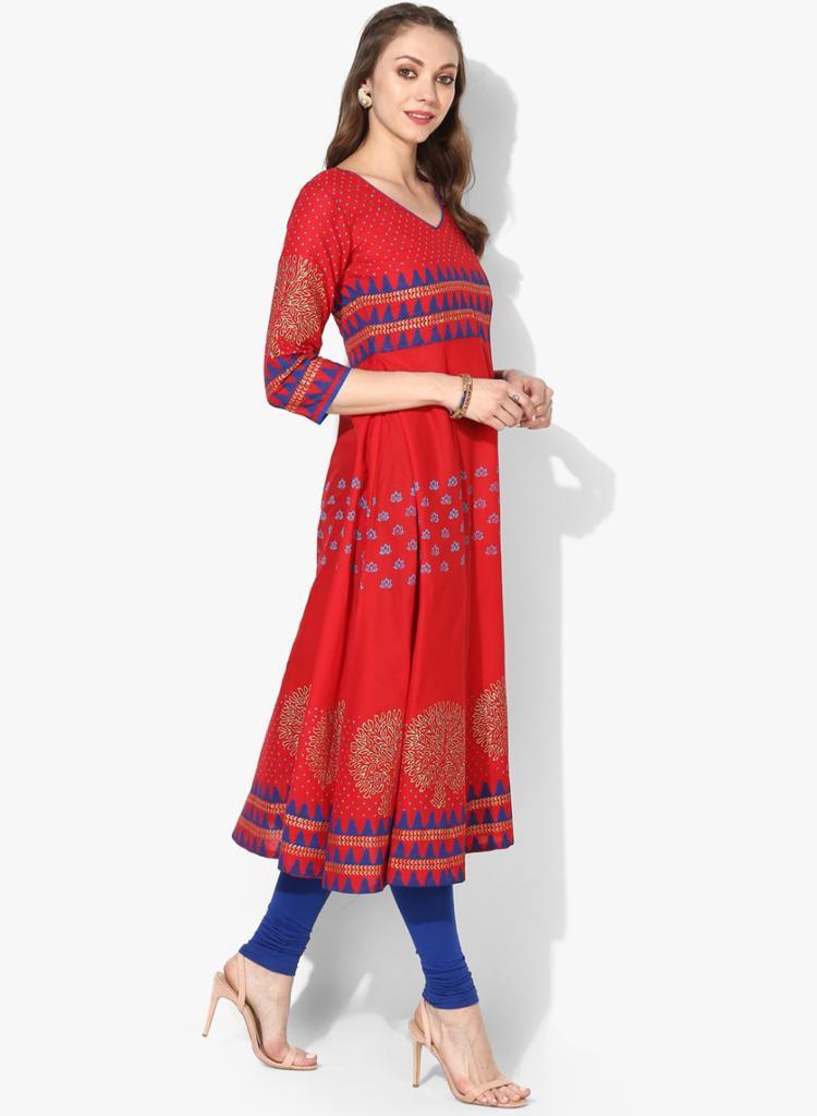 Women's Red Ethnic Motifs Printed Block Print Cotton Anarkali Kurta - Wahe-Noor - Indiakreations