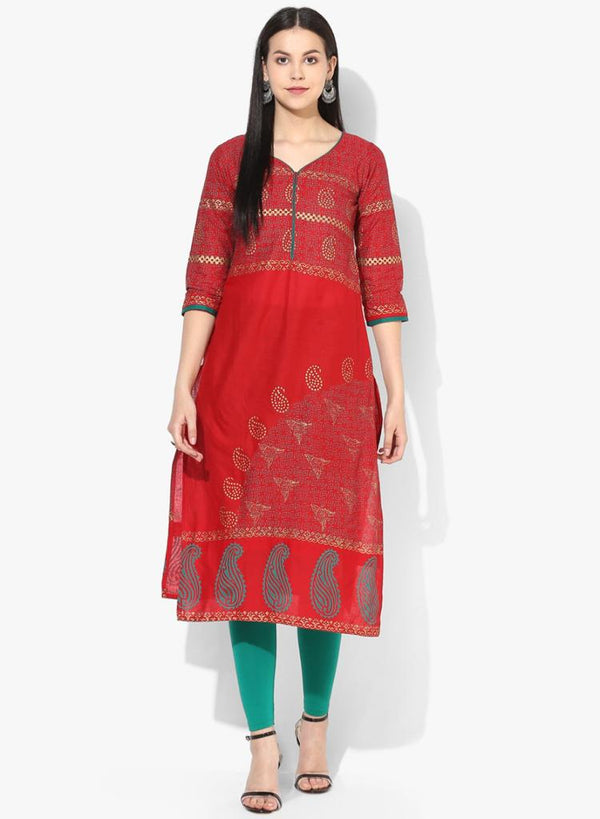 Women's Red Ethnic Motifs Printed Floral Straight Kurta - Wahe-Noor