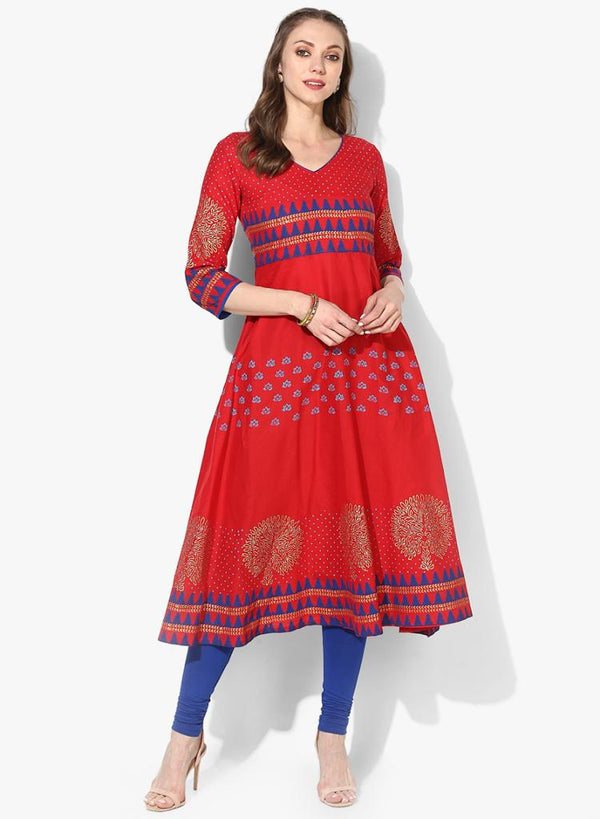 Women's Red Ethnic Motifs Printed Block Print Cotton Anarkali Kurta - Wahe-Noor