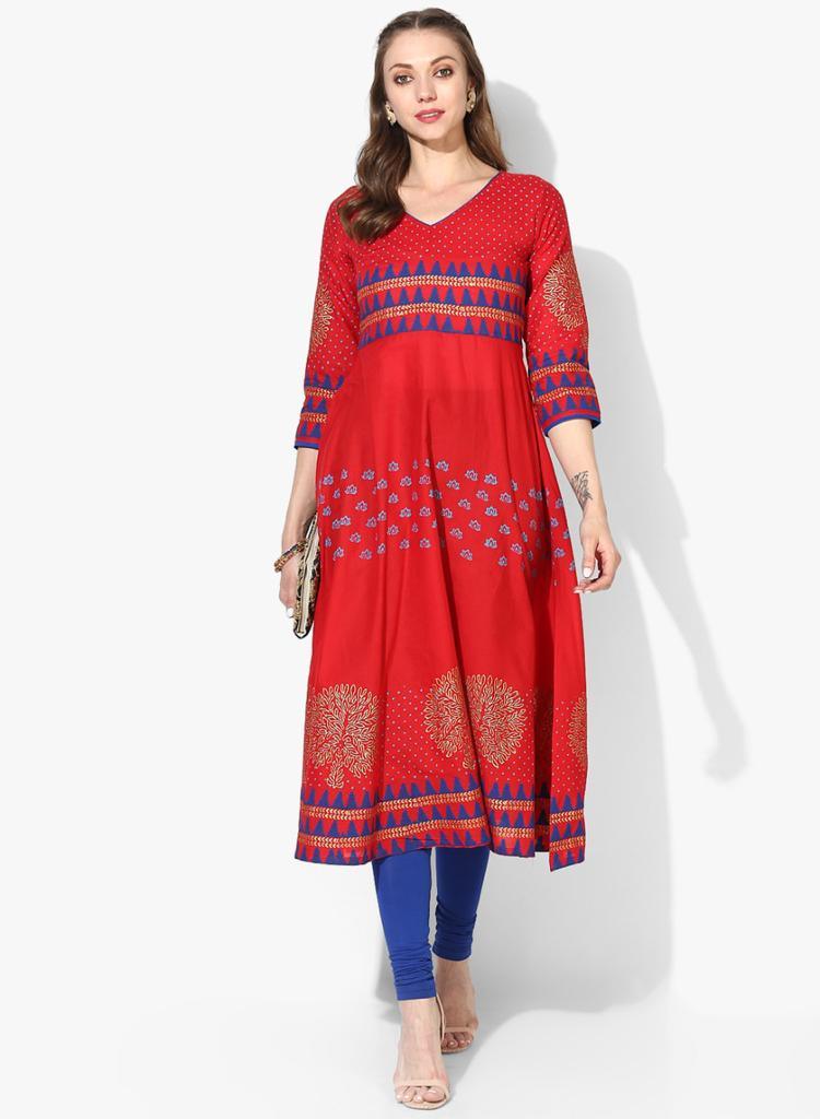 Women's Red Ethnic Motifs Printed Block Print Cotton Anarkali Kurta - Wahe-Noor - Indiakreations