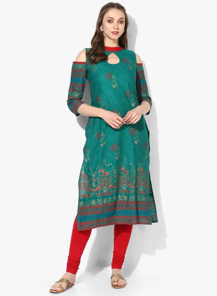 Women's Green Block Printed Cold-Shoulder Straight Kurta - Wahe-Noor - Indiakreations