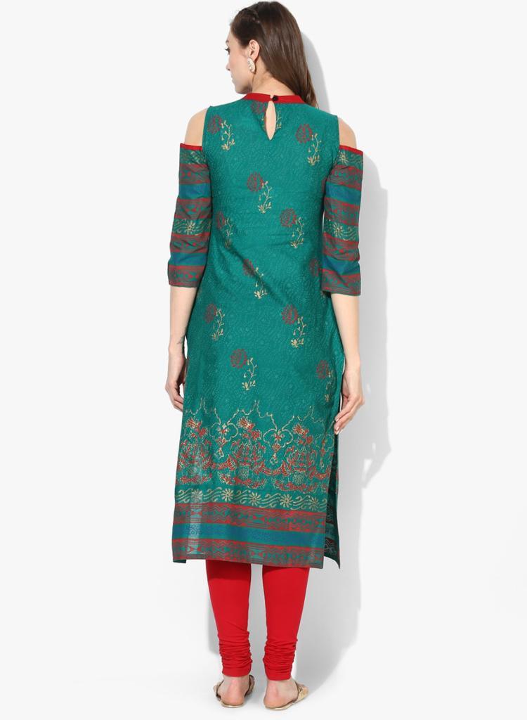 Women's Green Block Printed Cold-Shoulder Straight Kurta - Wahe-Noor - Indiakreations