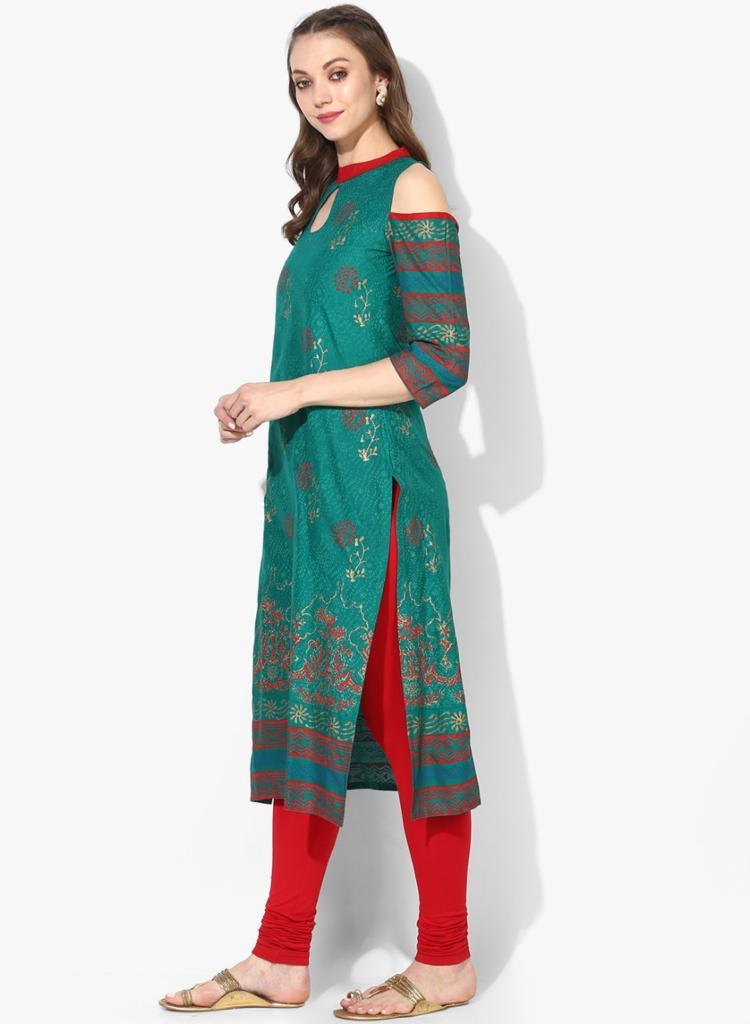 Women's Green Block Printed Cold-Shoulder Straight Kurta - Wahe-Noor - Indiakreations