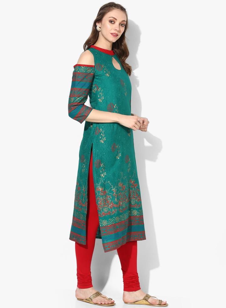 Women's Green Block Printed Cold-Shoulder Straight Kurta - Wahe-Noor - Indiakreations