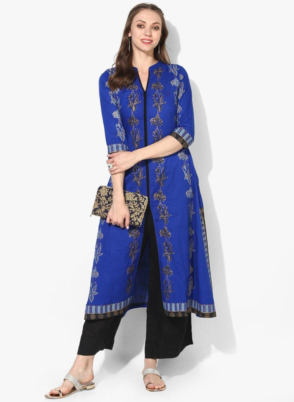 Women's Blue Block Printed High Slit A-Line Kurta - Wahe-Noor