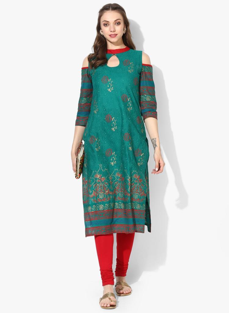 Women's Green Block Printed Cold-Shoulder Straight Kurta - Wahe-Noor - Indiakreations