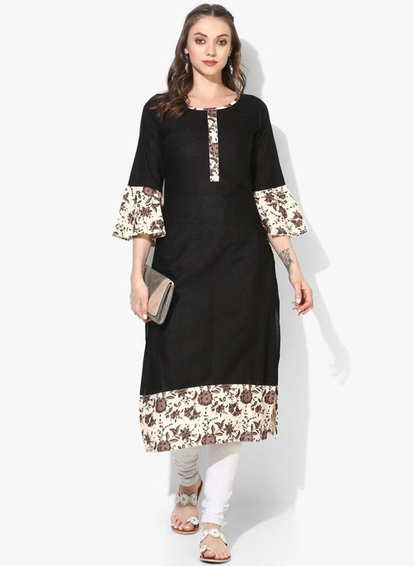 Women's Black Printed Straight Kurta - Wahe-Noor - Indiakreations