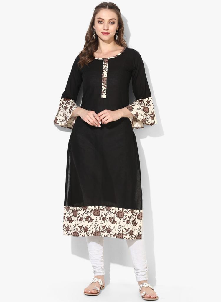 Women's Black Printed Straight Kurta - Wahe-Noor - Indiakreations