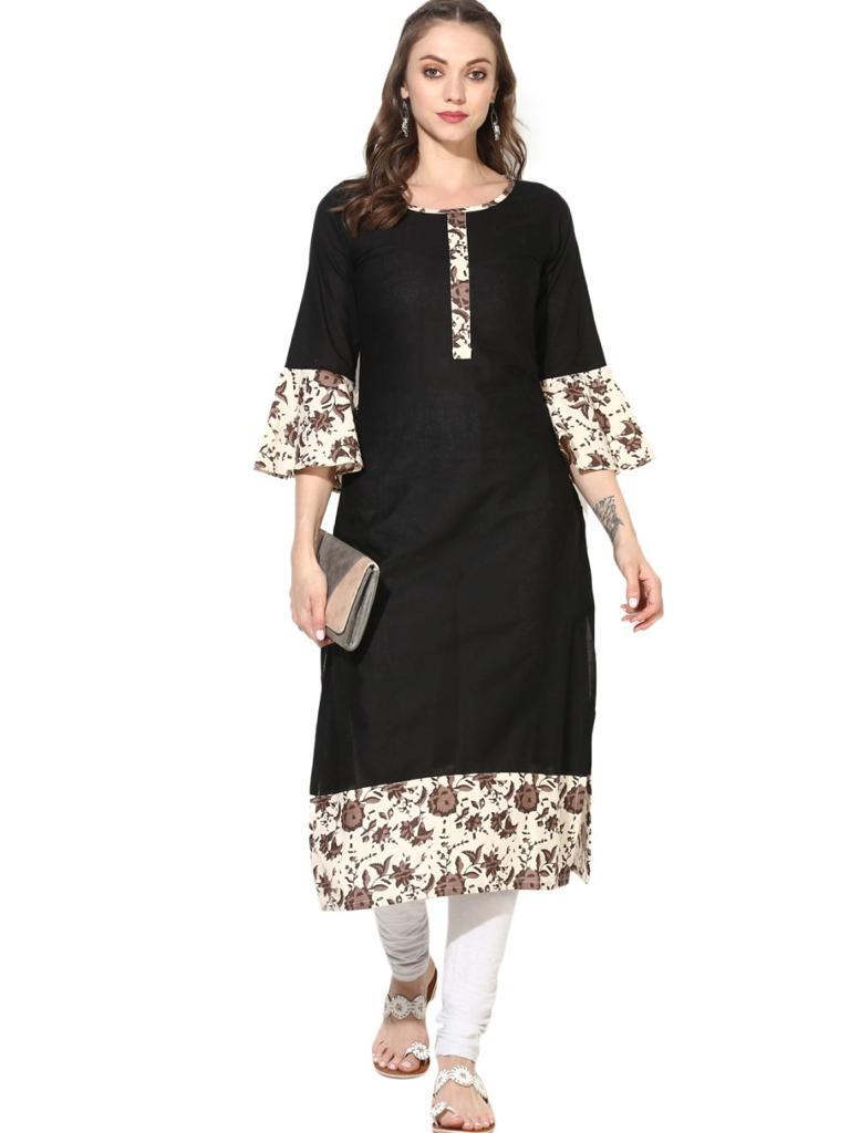 Women's Black Printed Straight Kurta - Wahe-Noor - Indiakreations