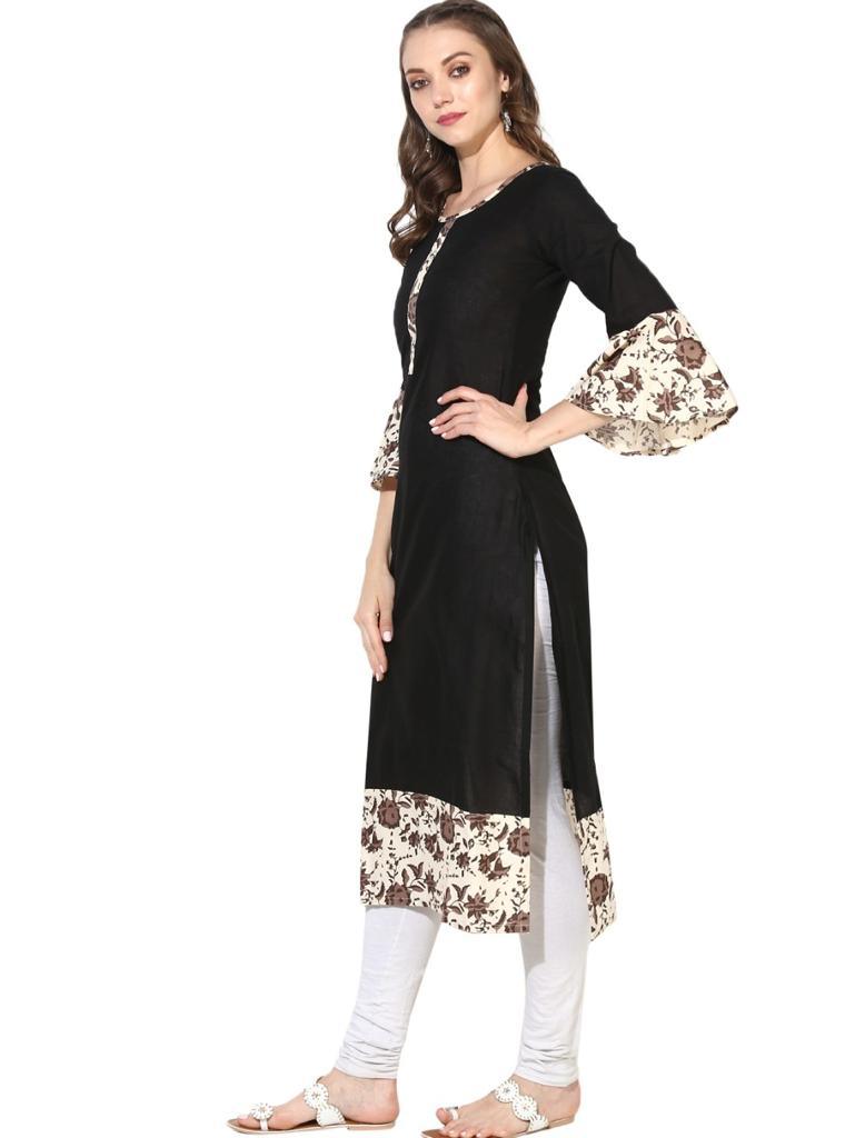 Women's Black Printed Straight Kurta - Wahe-Noor - Indiakreations