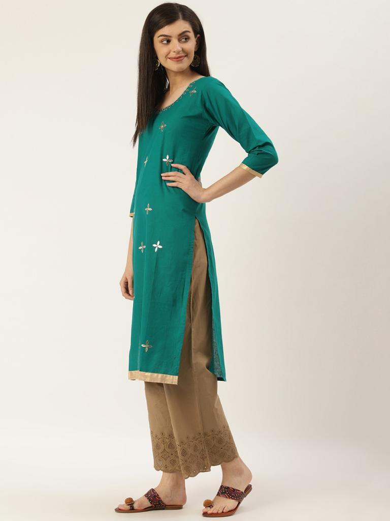 Women's Teal Green & Golden Yoke Design Straight Kurta - Wahe-Noor - Indiakreations