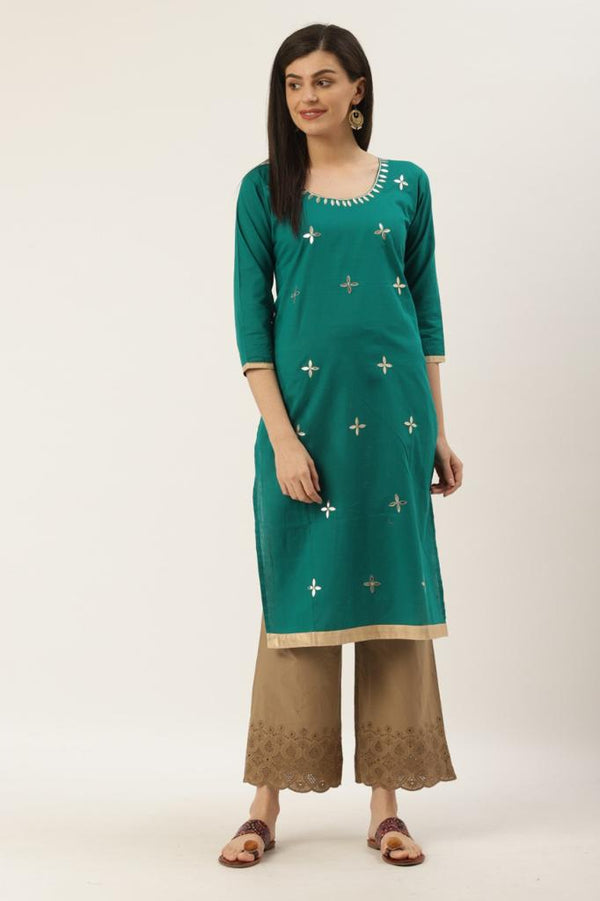 Women's Teal Green & Golden Yoke Design Straight Kurta - Wahe-Noor