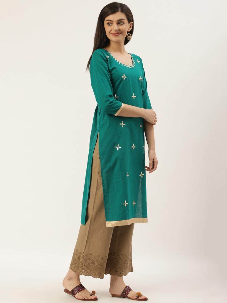 Women's Teal Green & Golden Yoke Design Straight Kurta - Wahe-Noor - Indiakreations