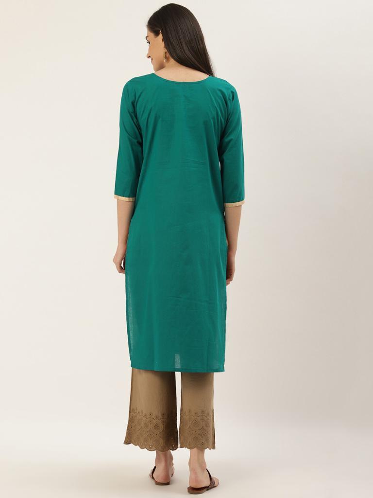 Women's Teal Green & Golden Yoke Design Straight Kurta - Wahe-Noor - Indiakreations