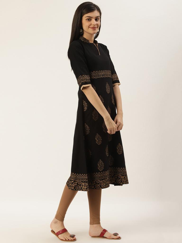 Women's Black & Golden Printed A-Line Kurta - Wahe-Noor - Indiakreations