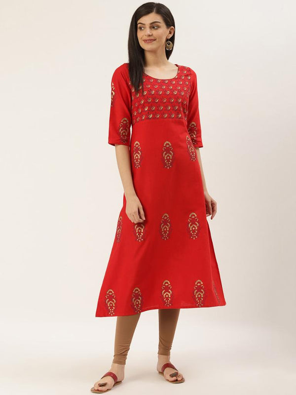 Women's Red Floral Printed A-Line Kurta - Wahe-Noor