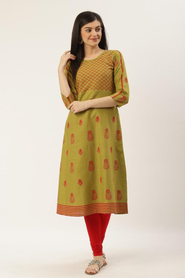 Women's Green Floral Printed A-Line Kurta - Wahe-Noor - Indiakreations