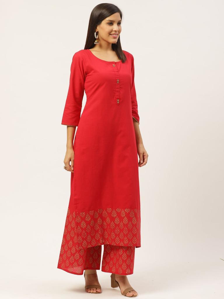 Women's Red Kurta And Palazzo Set With Golden Print - Wahe-Noor - Indiakreations