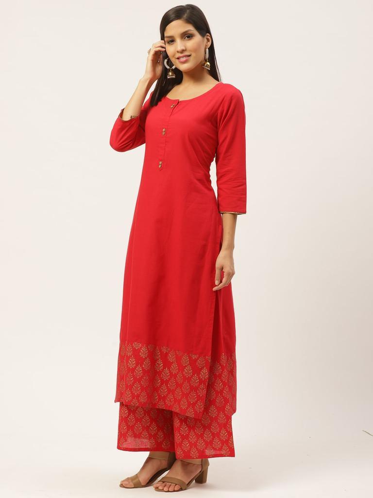 Women's Red Kurta And Palazzo Set With Golden Print - Wahe-Noor - Indiakreations