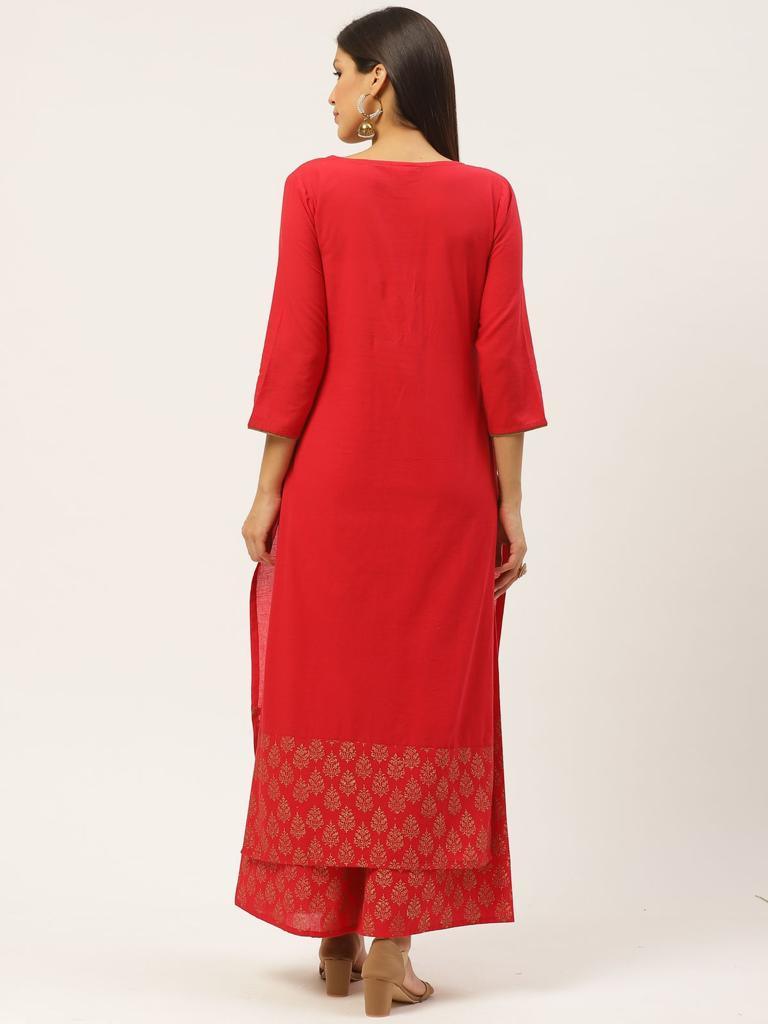 Women's Red Kurta And Palazzo Set With Golden Print - Wahe-Noor - Indiakreations