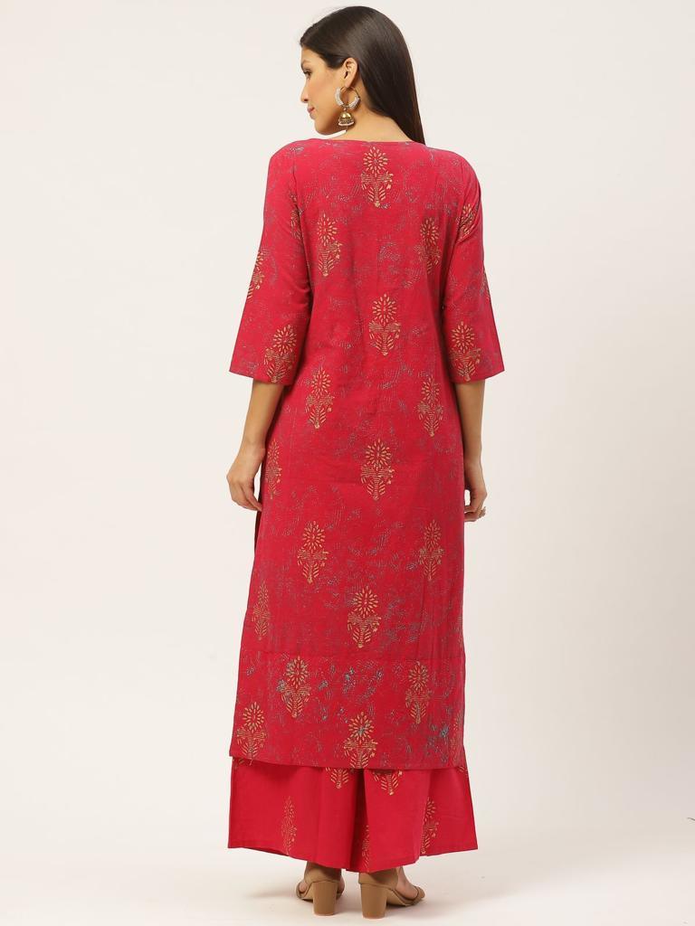 Women's Pink Kurta And Palazzo Set With Floral Print - Wahe-Noor - Indiakreations