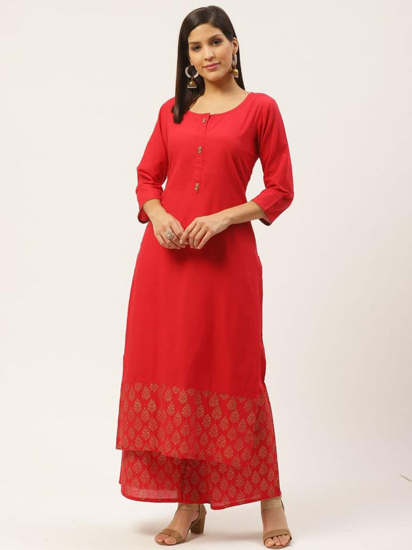 Women's Red Kurta And Palazzo Set With Golden Print - Wahe-Noor