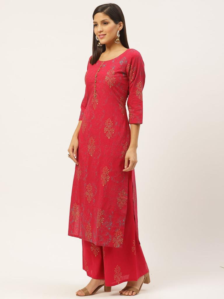 Women's Red Kurta And Palazzo Set With Golden Print - Wahe-Noor - Indiakreations