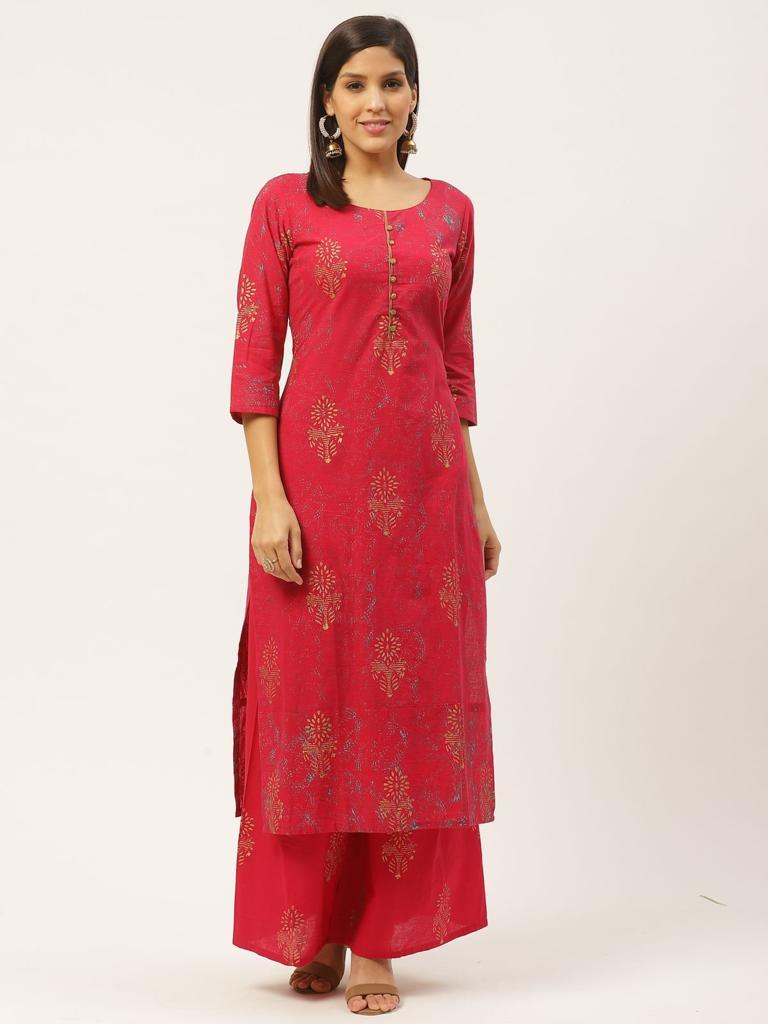 Women's Pink Kurta And Palazzo Set With Floral Print - Wahe-Noor - Indiakreations