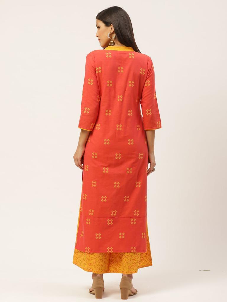 Women's Orange Printed Kurta And Yellow Palazzo - Wahe-Noor - Indiakreations