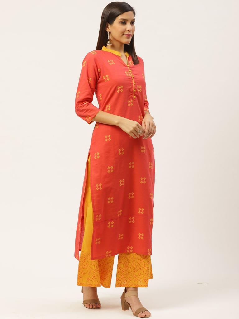 Women's Orange Printed Kurta And Yellow Palazzo - Wahe-Noor - Indiakreations